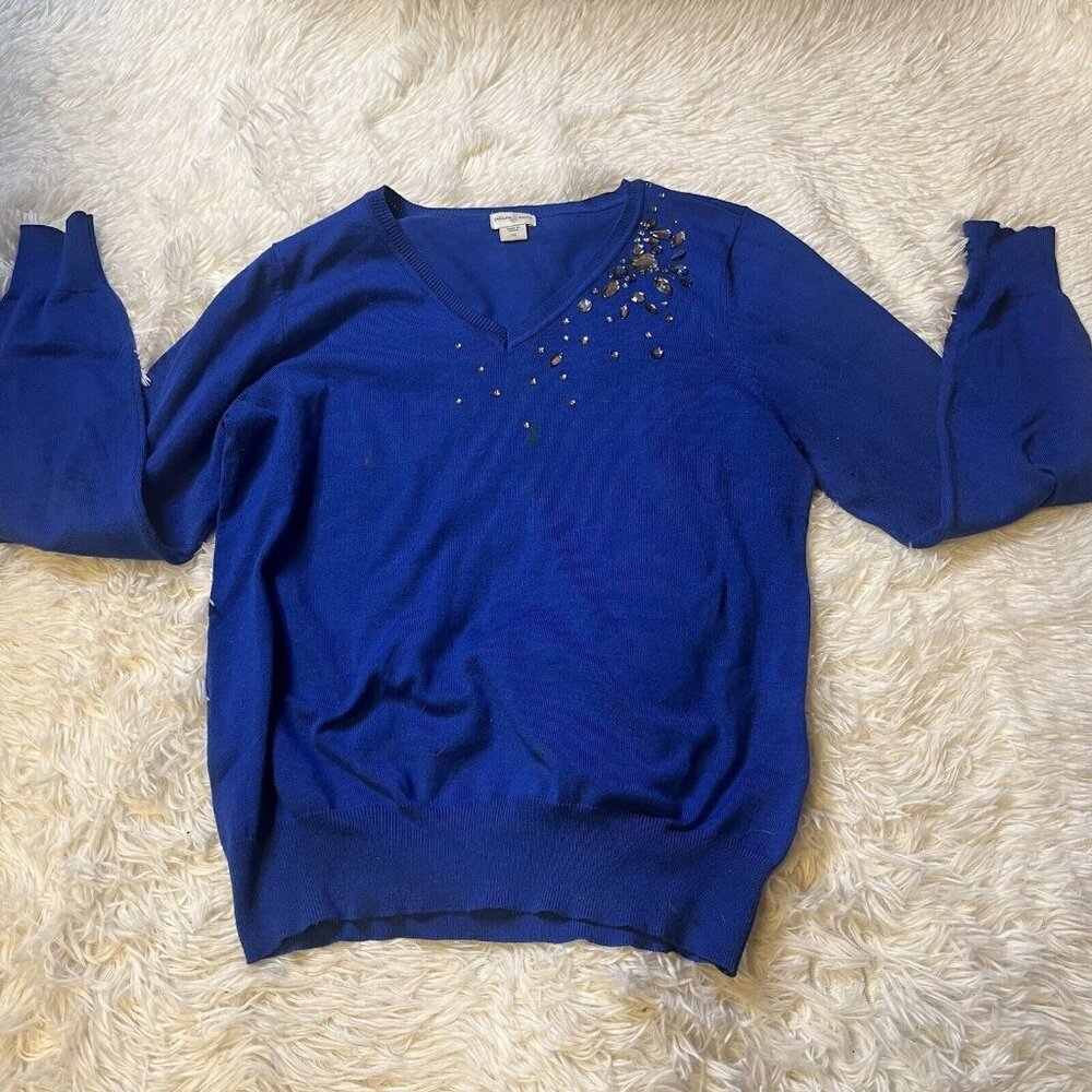 Jaclyn Smith Women Sweater jeweled Accent Blue Pullover V-Neck Long Sleeve large